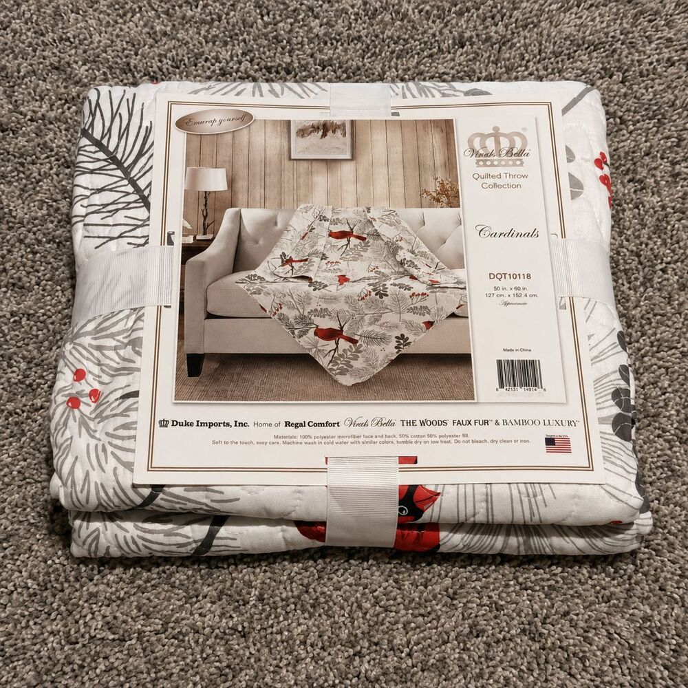 Virah Bella Cardinals Quilted Throw Blanket 50x60 Red Gray Winter Birds New